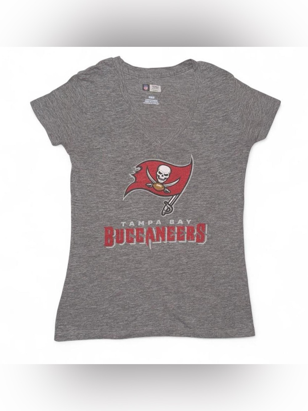 Tampa Bay Buccaneers Women's Grey V-Neck Tee with Red Logo